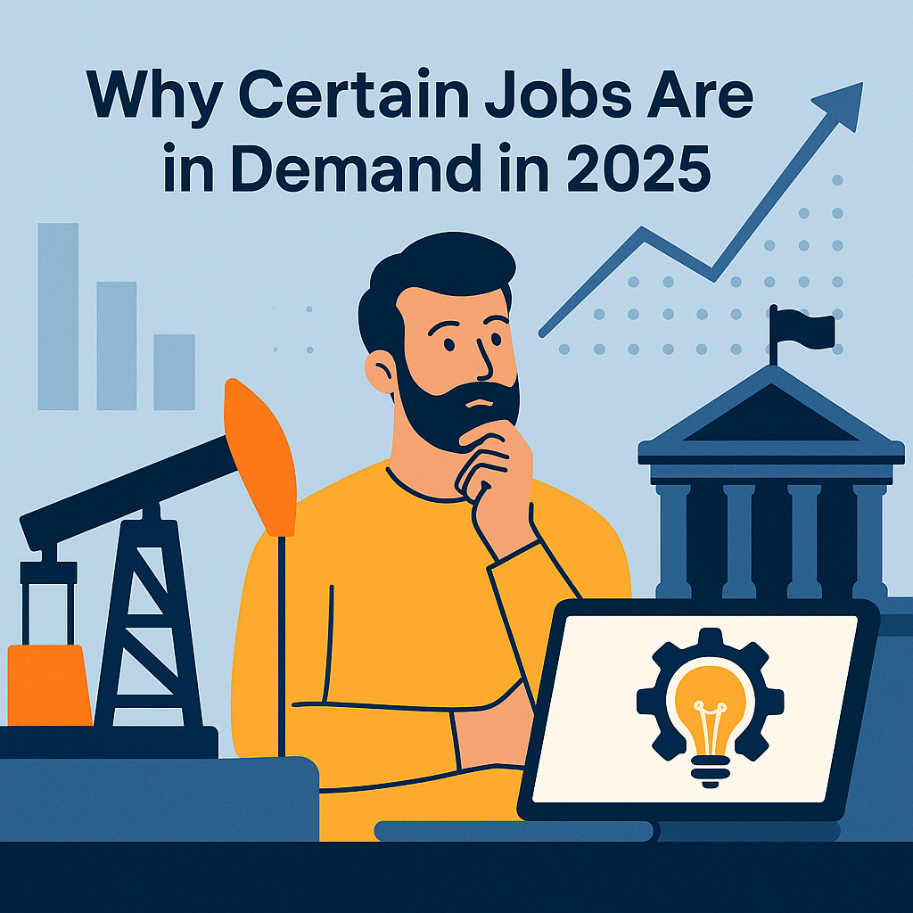 A modern flat design illustration showing a man in a yellow shirt thinking, surrounded by symbols of in-demand jobs in 2025 including an oil rig, a government building, and a laptop with a lightbulb gear icon, with upward growth charts in the background.