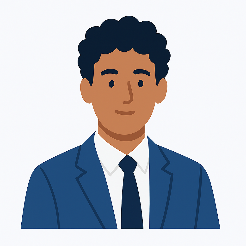 Flat-style digital illustration of a young man with brown skin and curly hair, representing Suleiman Alnsour, set against a minimalist background