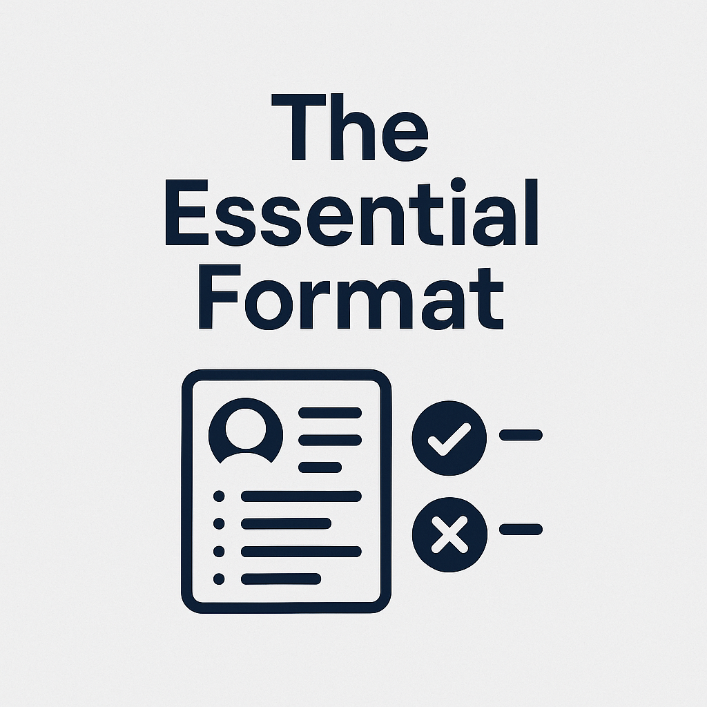 Minimalist 2D graphic with the title “The Essential Format” in bold navy blue above an icon of a resume document, featuring a profile image placeholder, text lines, and bullet points, alongside check and cross symbols