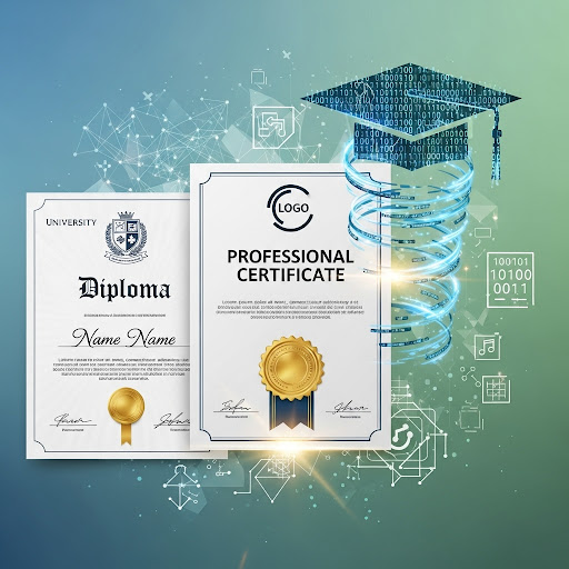 Digital illustration of a university diploma and a professional certificate alongside tech-related symbols, representing the education and certifications section of a tech resume