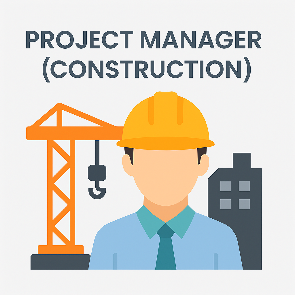 Minimal flat-style illustration showing 'Project Manager (Construction)' with a simple hard hat icon on a clean background, representing in-demand job roles in 2025