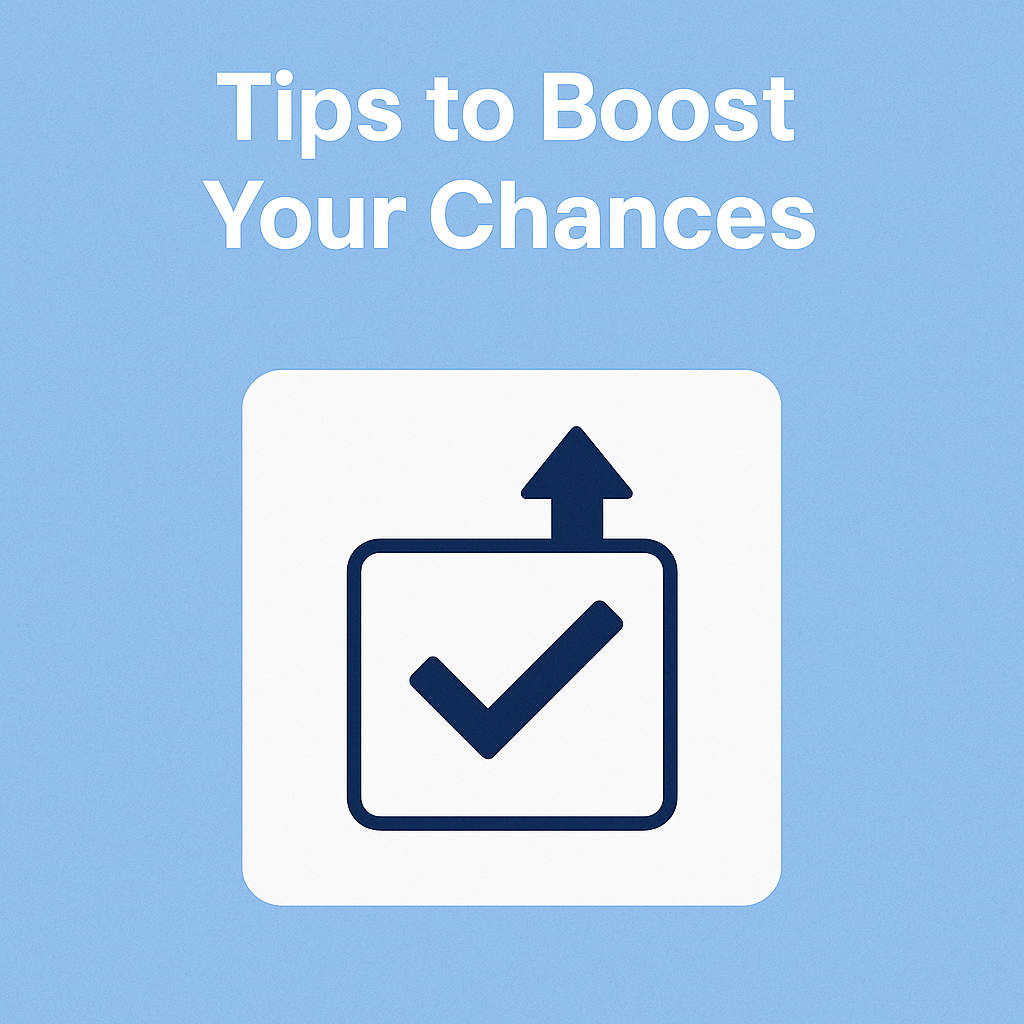 Minimalist digital graphic with the text 'Tips to Boost Your Chances' above an icon of a checkmark and upward arrow, symbolizing success and improvement