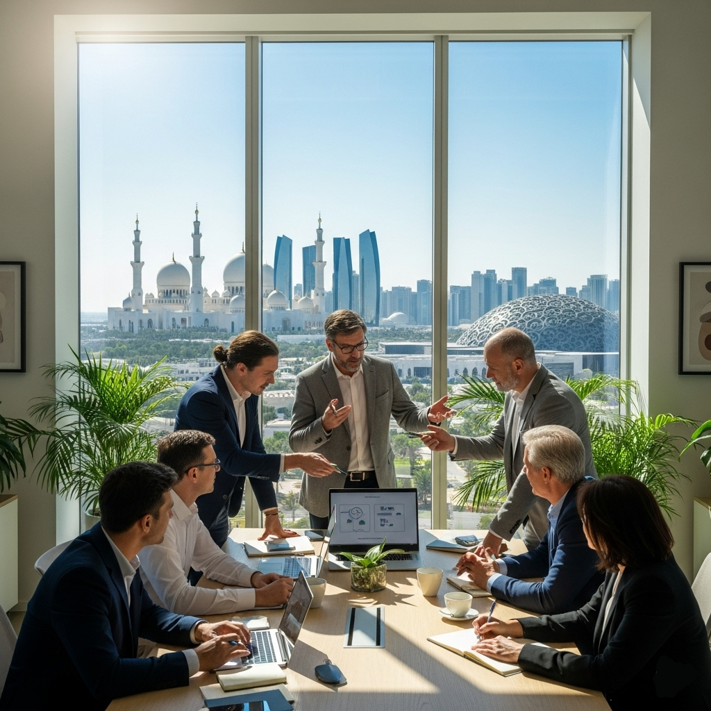 Professional manager in a modern Abu Dhabi office, leading a team meeting with charts and laptops visible symbolizing leadership and executive roles in the UAE business sector.