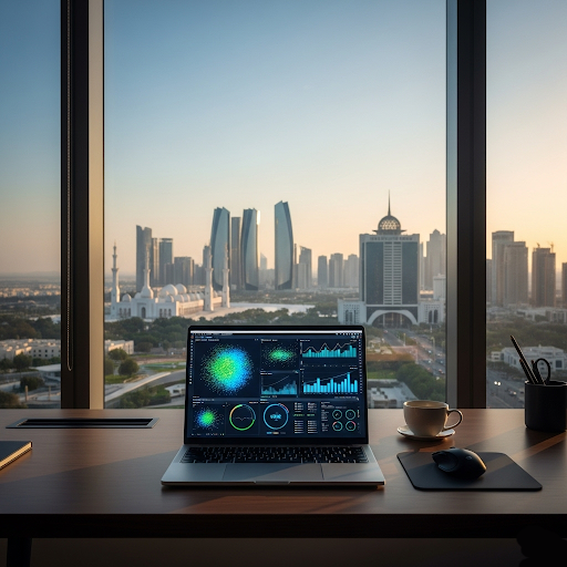 Data scientist analyzing graphs and datasets on multiple screens in a modern Abu Dhabi tech hub, showing career opportunities in data analysis and machine learning in the UAE.