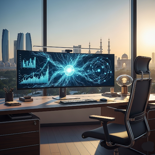 AI engineer working on code in a high-tech Abu Dhabi office with data models and neural networks displayed on screen, representing innovation and artificial intelligence careers in the UAE.