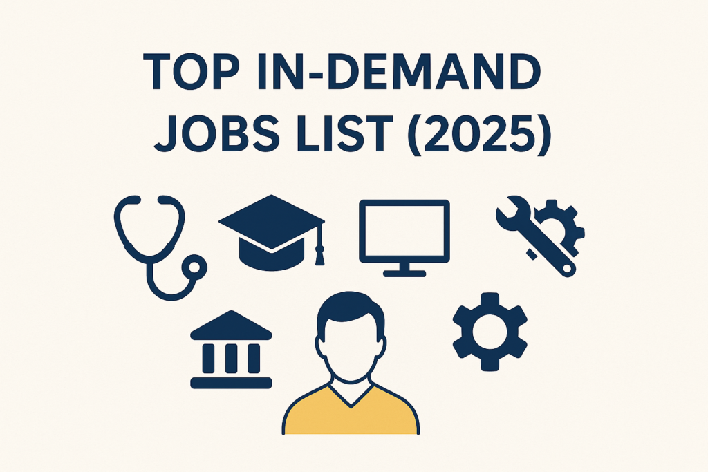 Minimalist flat-design graphic showing the title 'Top In-Demand Jobs List (2025)' with icons for healthcare, education, technology, trades, government, and workforce